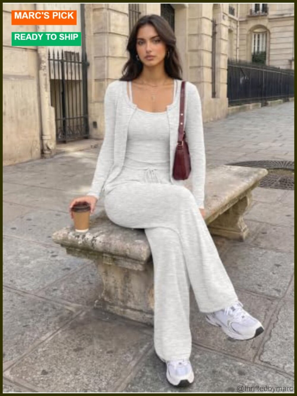 3 Piece Lounge Set with Cardigan Camisole and Wide Leg Pants - Picture 4 of 5
